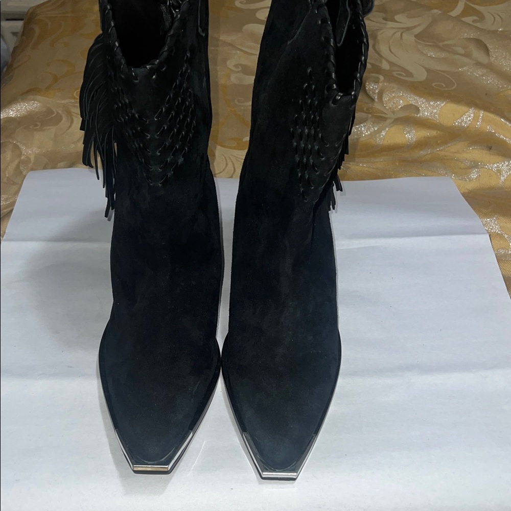 SCHUTZ Alexxa Western Fringe Bootie Black Suade 10 1/2 NWOB